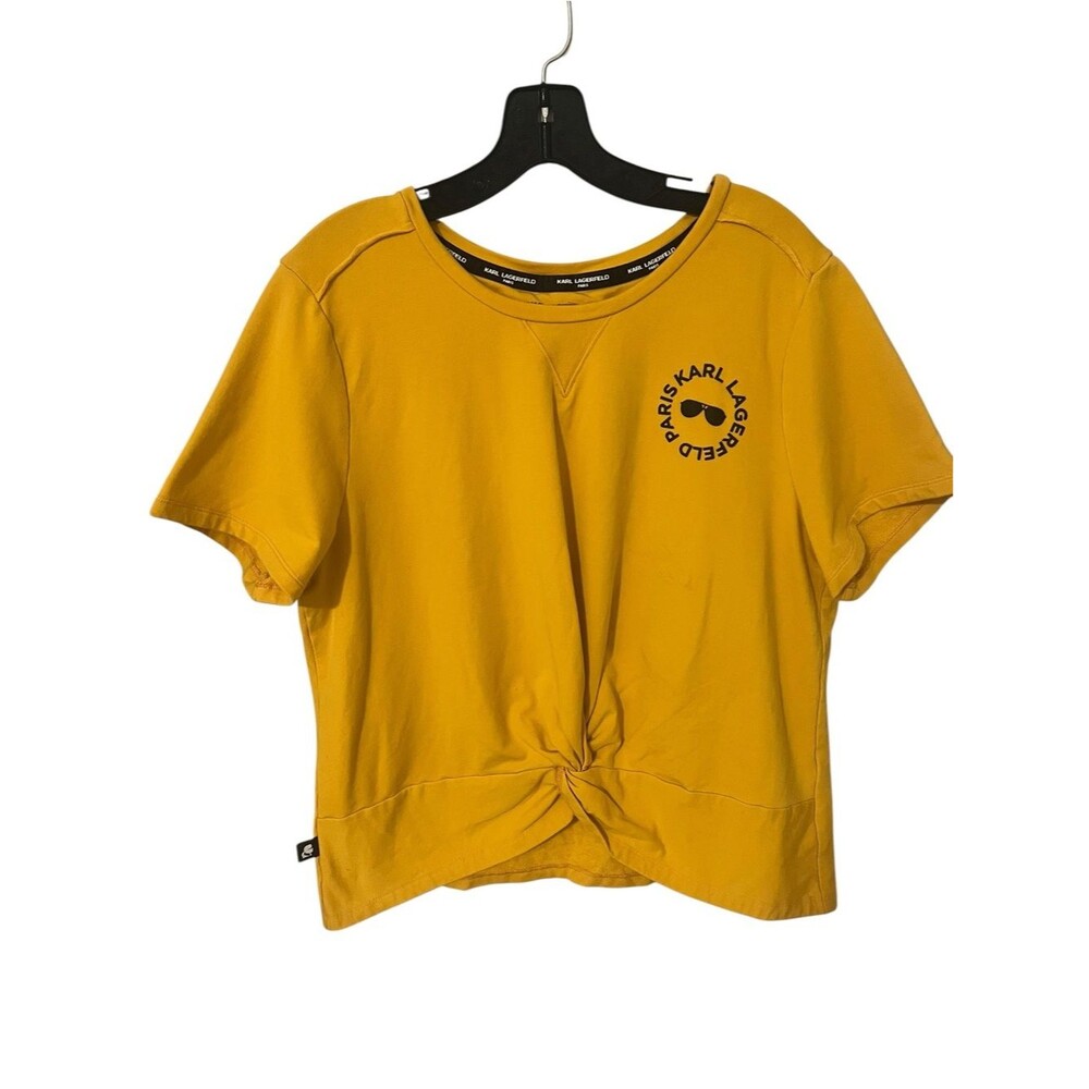 Karl Lagerfeld Paris Mustard Yellow Logo Twist Front Tee Top XL Modal Blend